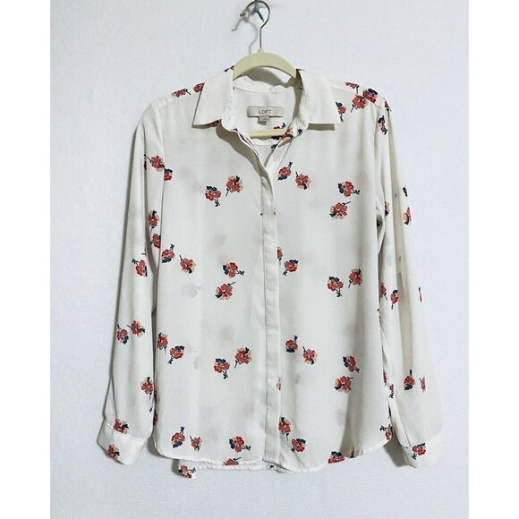 LOFT Womens Small White Button Up Top Roll Tab Long Sleeves Pink Floral Print - Picture 1 of 8